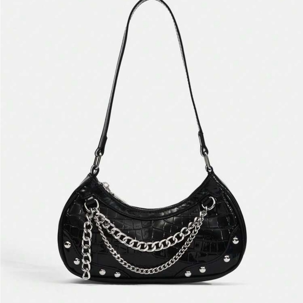 SHEIN Black Croc-Textured Shoulder Bag with Silver Chains